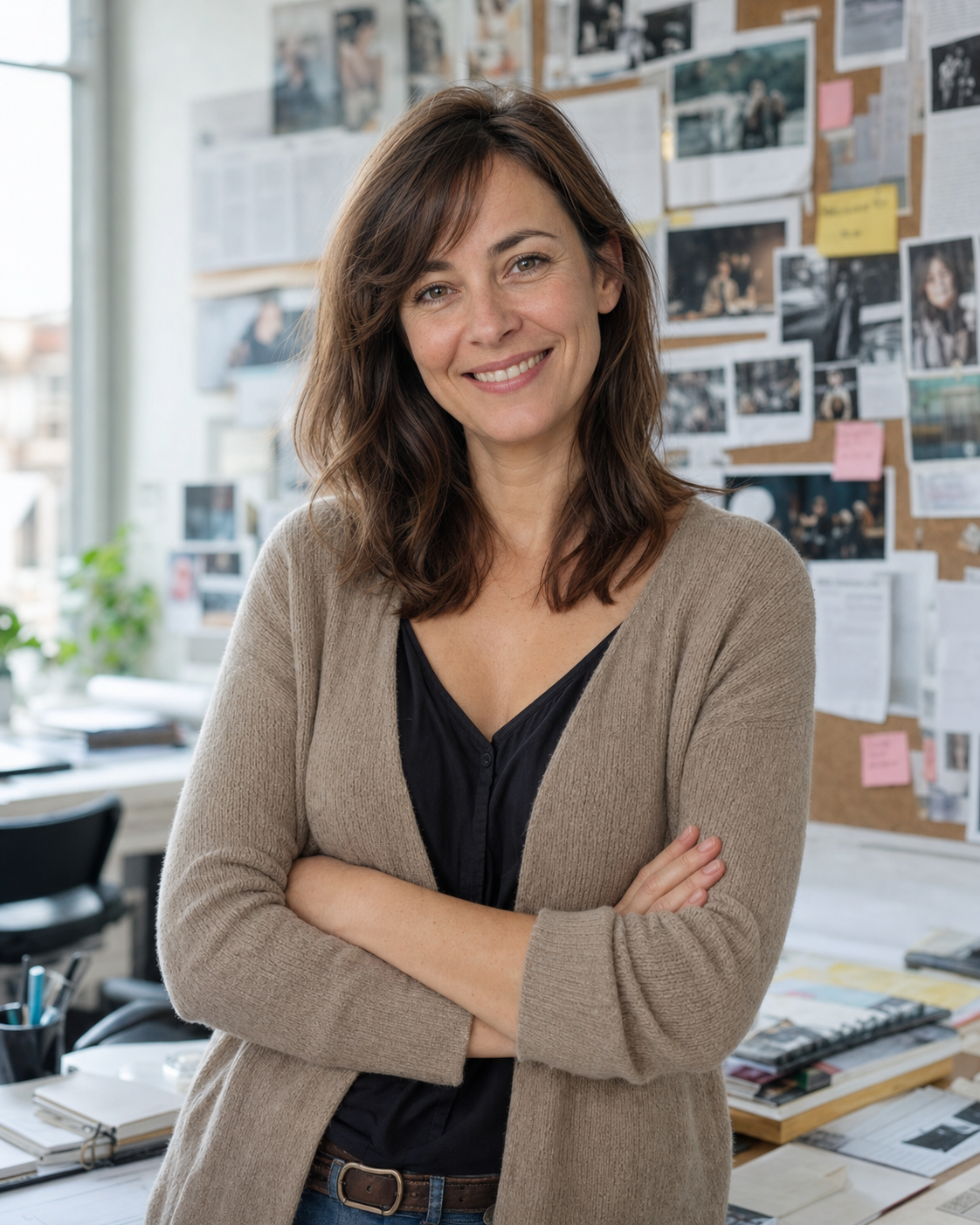 Portrait d'Amandine Leroy, script-superviseure, souriante, bras croisés dans un bureau de production