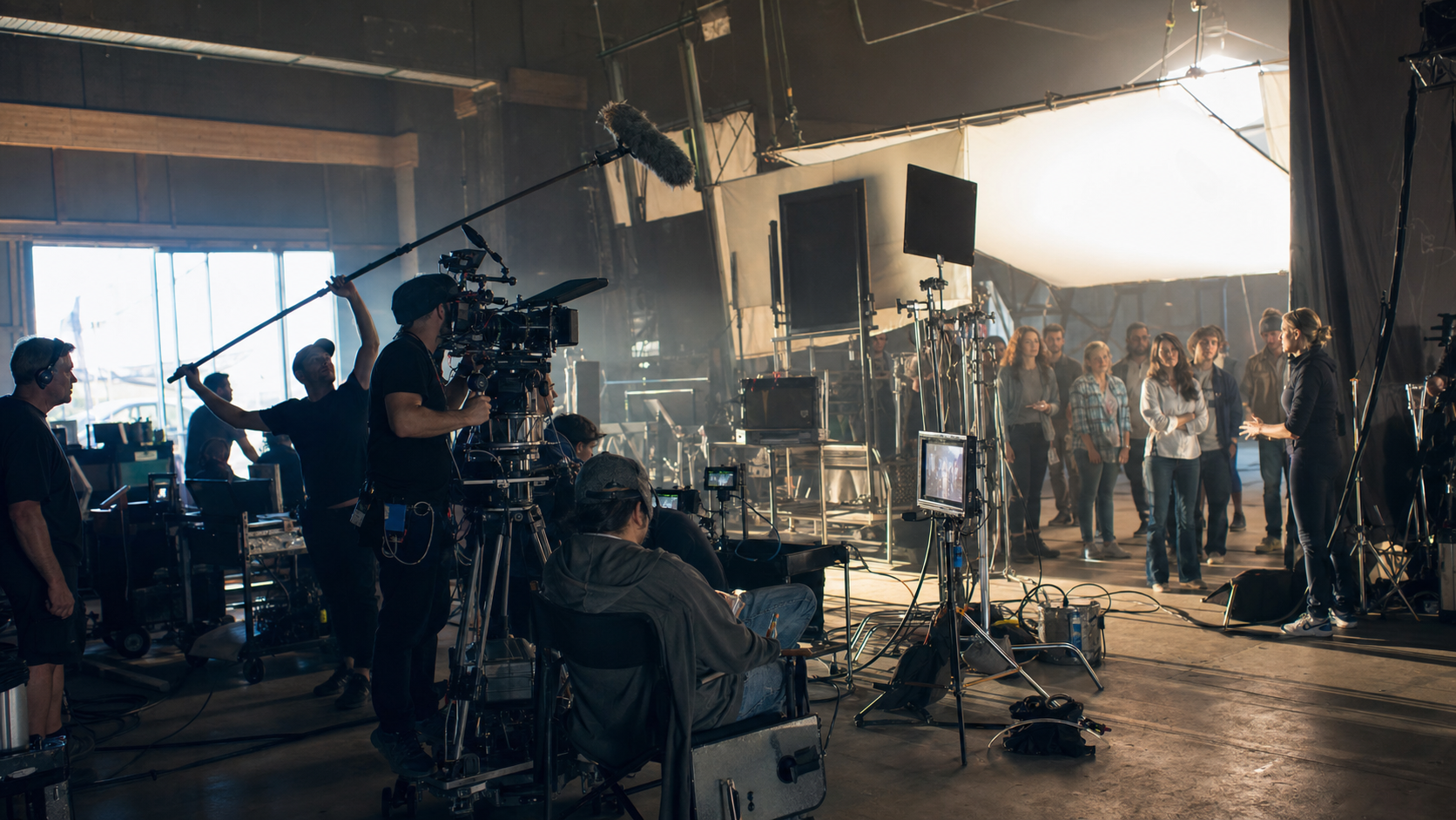 Vue large d'une équipe de tournage sur un plateau en pleine activité, régie et figurants coordonnés