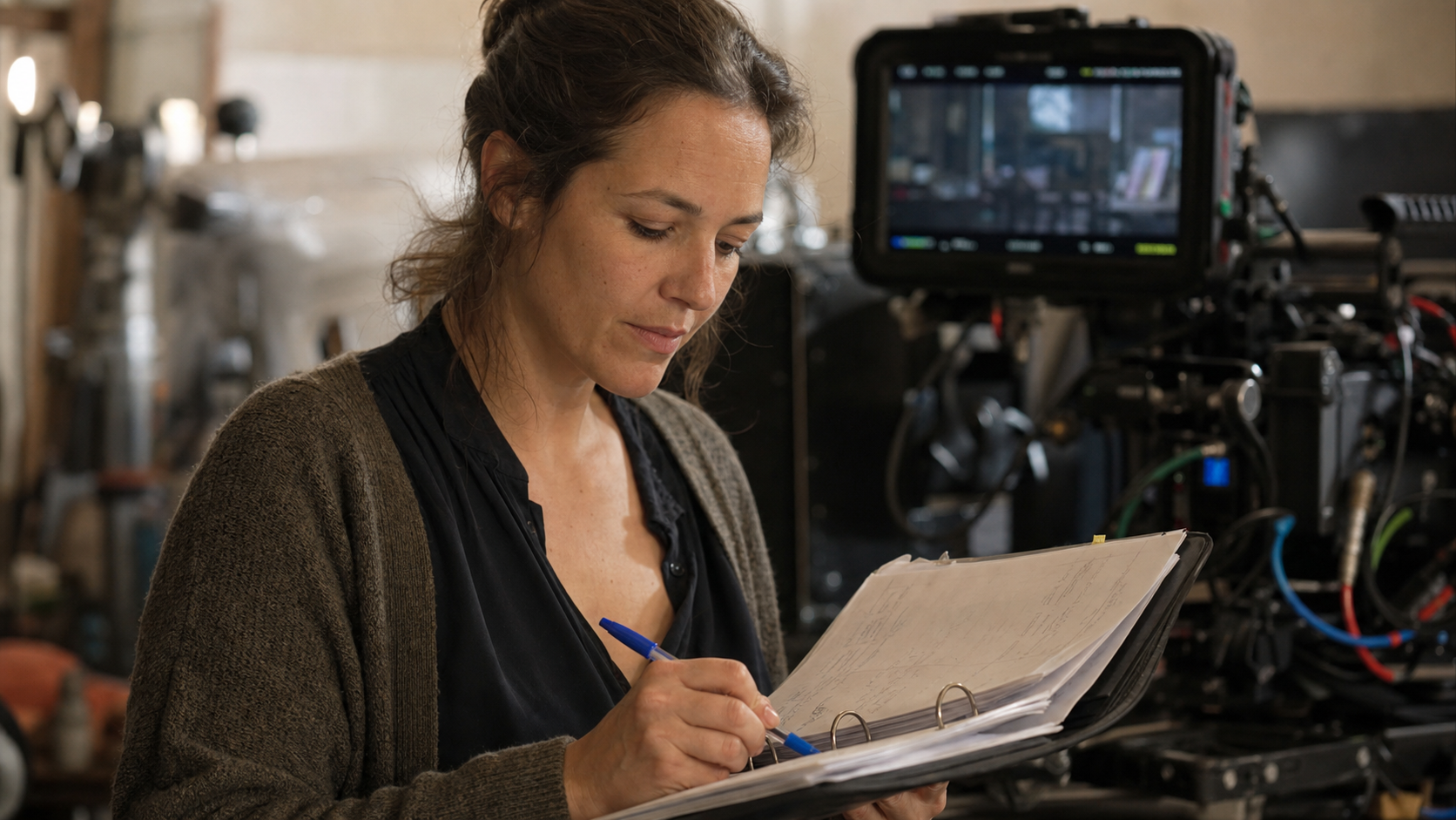 Amandine Leroy, script-superviseure, annote un scénario au stylo bleu sur un plateau de tournage, moniteur de contrôle en arrière-plan