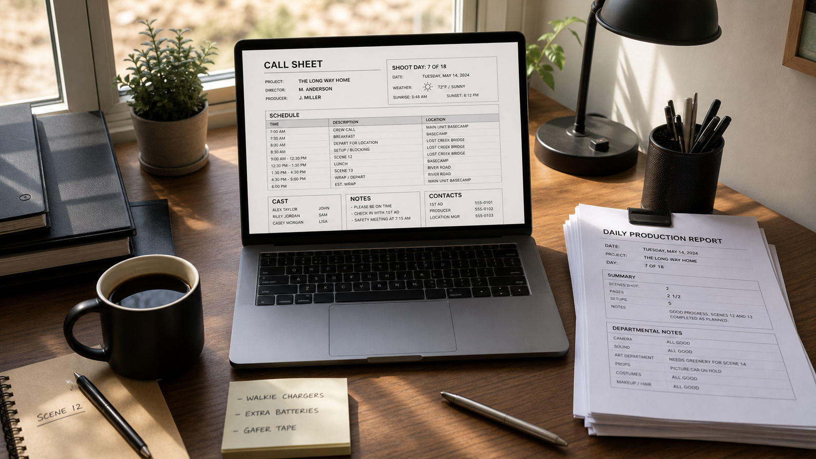 Ordinateur portable affichant une feuille de service et un rapport de tournage sur un bureau de régie