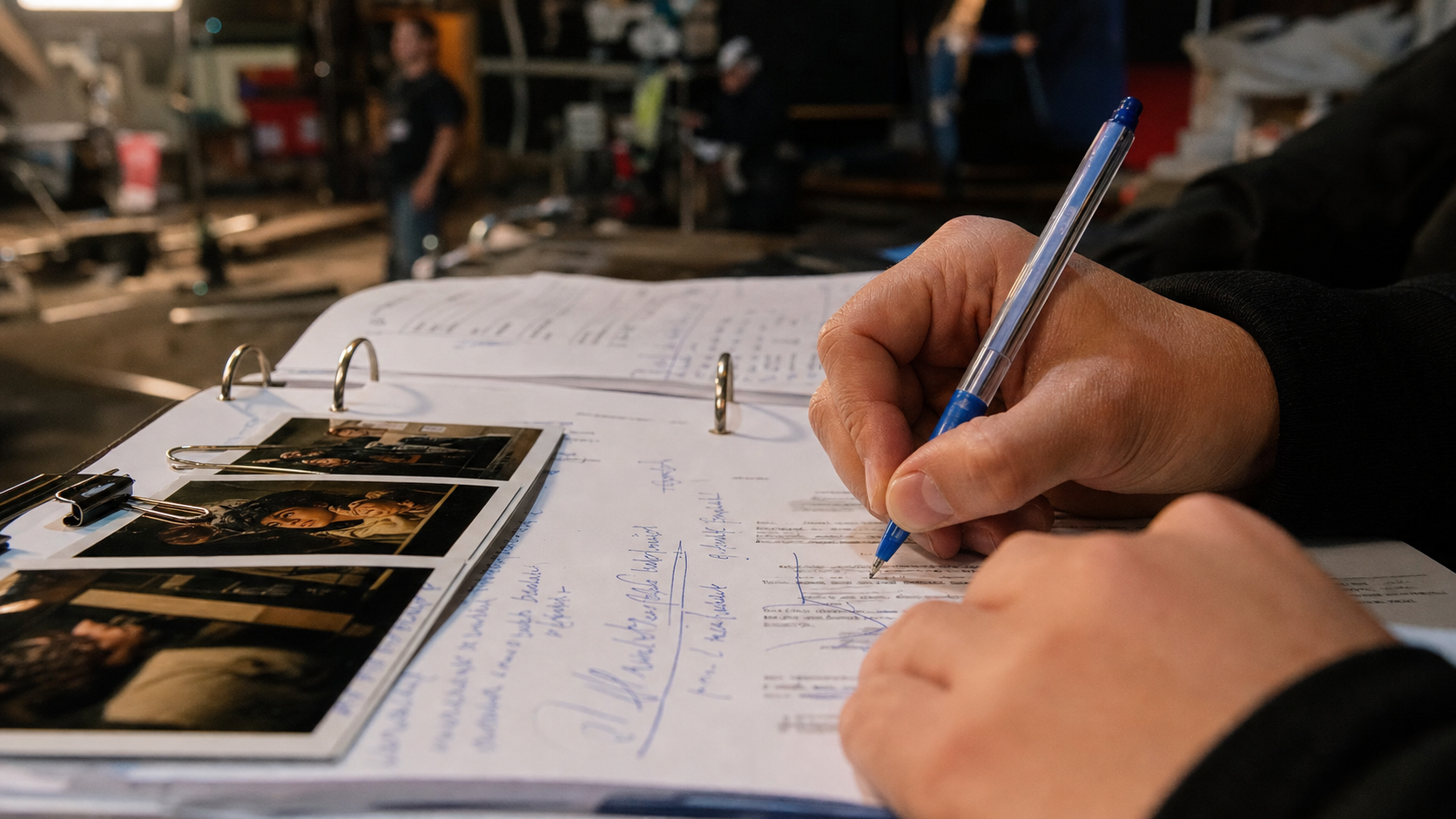 Gros plan sur des mains annotant une page de script au stylo bleu, entourées de photos de continuité épinglées